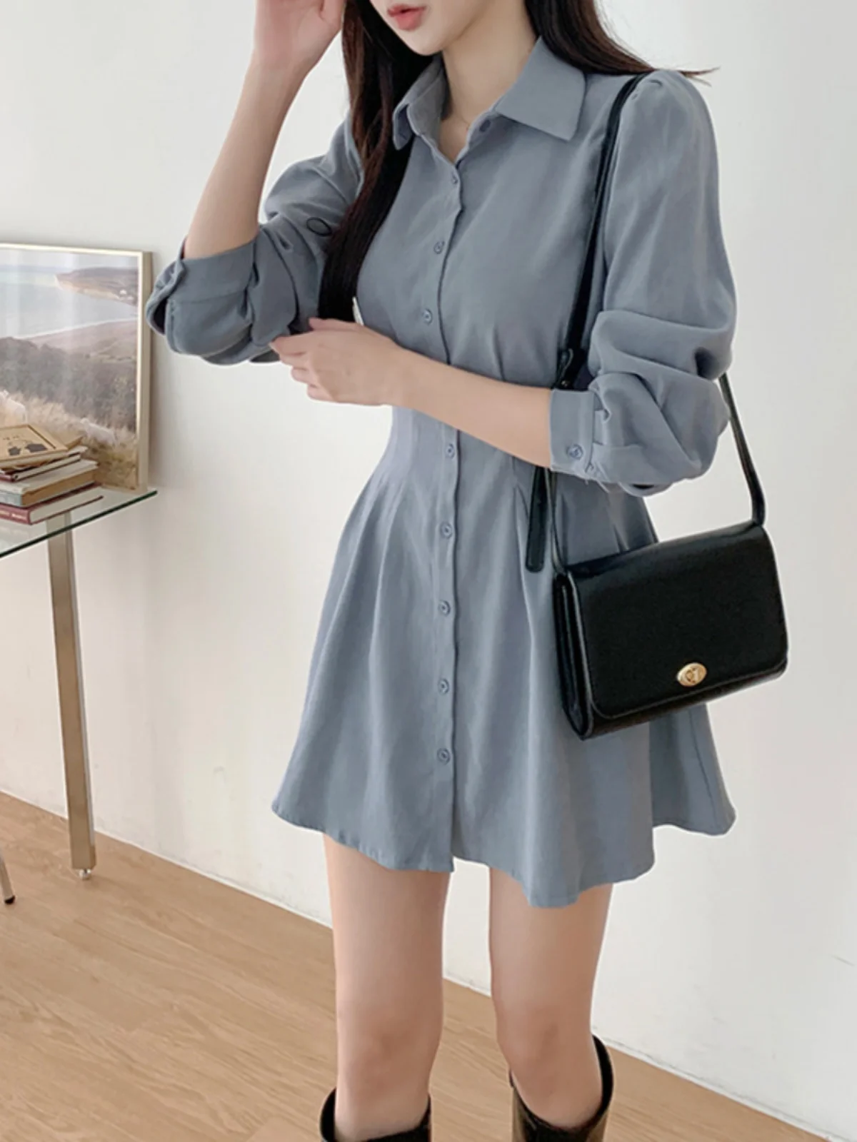 Chic Slimming Mid-Length irt Dr Women's Summer Vintage Collar Seven-Sve Single-Button ort Skirt Korean Sle High W...