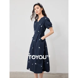 TOYOUTH Women Embroidered Dress 2024 Summer New V-Neck Slimming Pure Cotton Skirt