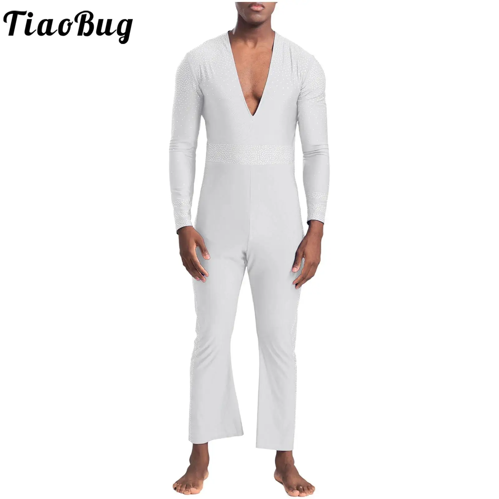 Men Leotards Figure Skating Latin Jazz Jumpsuit Dancewear Performance Costume Deep V-neck Long Sleeve Bell-Bottom Full Bodysuits