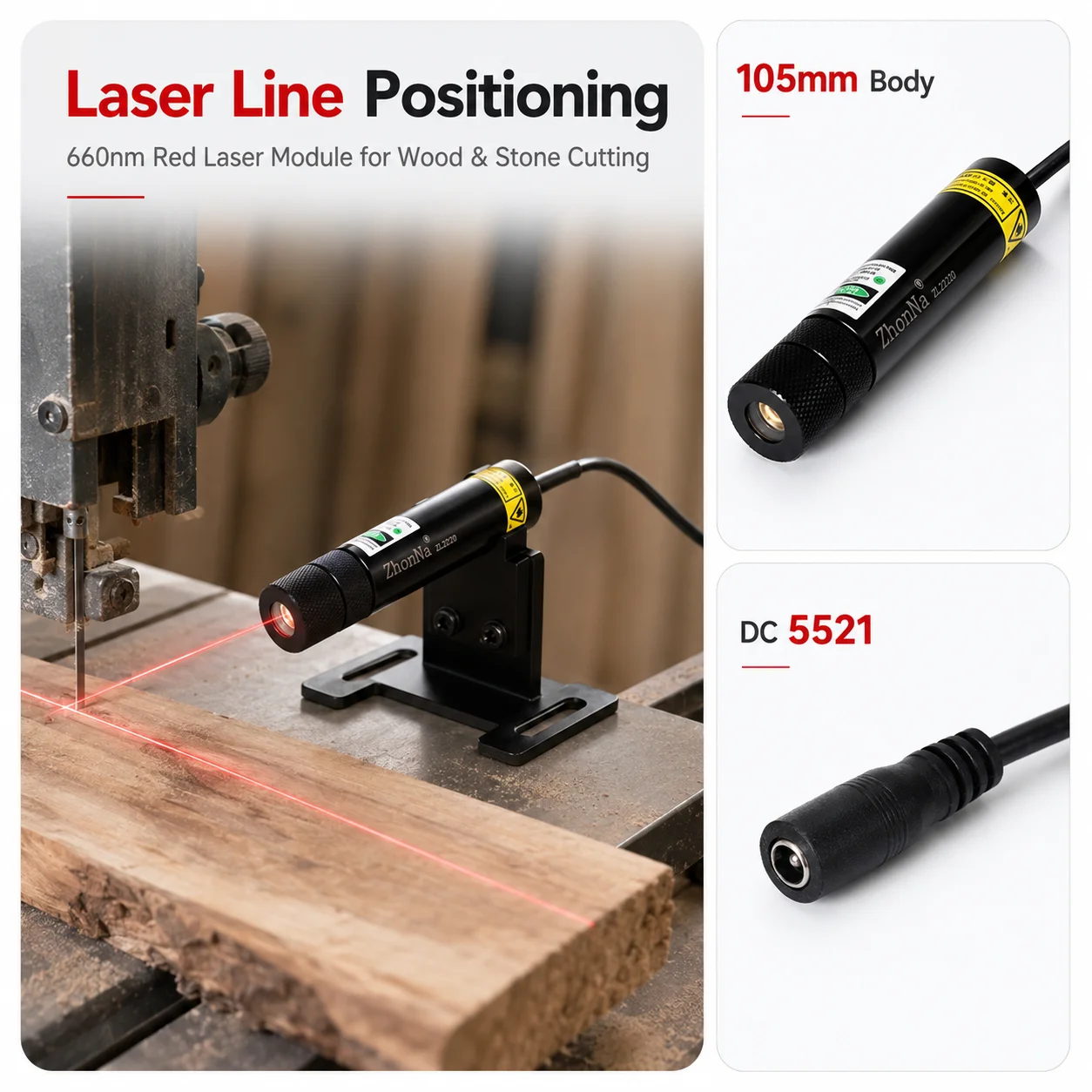 ZhonNa 660nm 200mW Red Line Laser Module for Wood Stone Cutting Positioning Tool Instrument Alignment Accessory DC5521 Precision