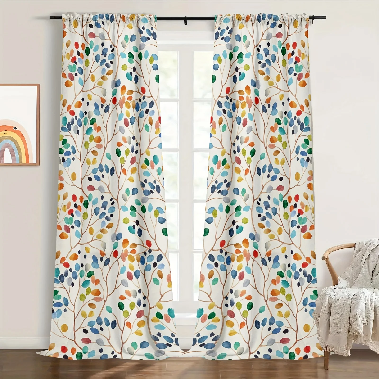 Large Multi Color Botanical Leaf Pattern Curtains Drapes Watercolor Design Window Room Decor for Living Room Bedroom Boho Chic H