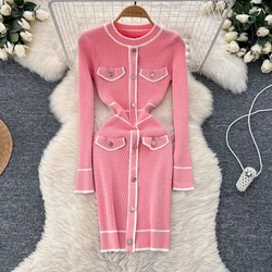 YuooMuoo Women Dress 2024 New Autumn Winter O-neck Brand Buttons Knitted Sweater Dress Lady Bodycon Mini Party Vestidos Outfits