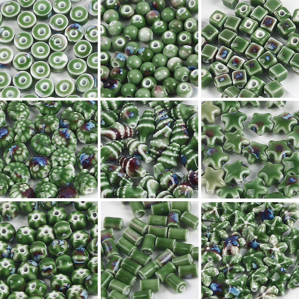 Green Color Series Ceramic Beads Shell Shape Flower Square Beads for Handmade DIY Loose Bead Jewelry Accessories
