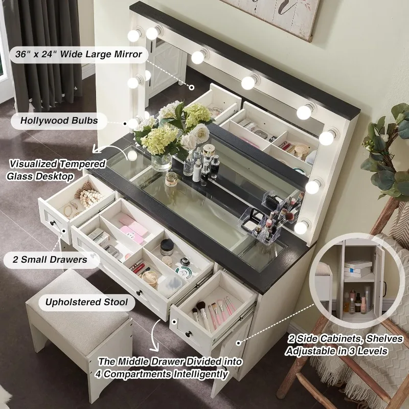 Farmhouse Vanity Desk with wood Makeup Mirror - Ample Storage Space with 3 Drawers & 2 Cabinets - Detachable Light Bulbs