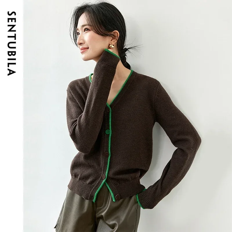 SENTUBILA Spliced Knitted Cardigan for Women 2024 Autumn V Neck Single Breasted Long Sleeve Top Odzież damska W43H55871