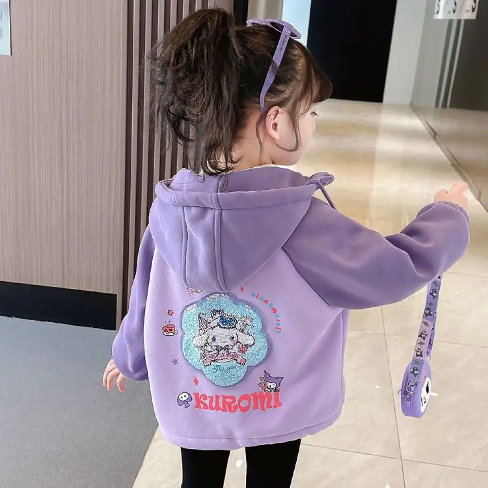 Winter Kawaii Cinnamoroll Kuromi Children's Plush Coat Anime Sanrios Girl Teen Fashion Student Cartoon Warm Hooded Zipper Jacket