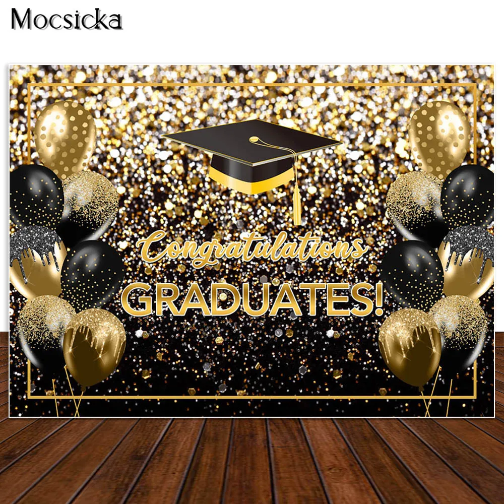 Fondo fotográfico de fiesta de graduación, telón de fondo de fiesta de graduación, Flash, globos dorados, confeti