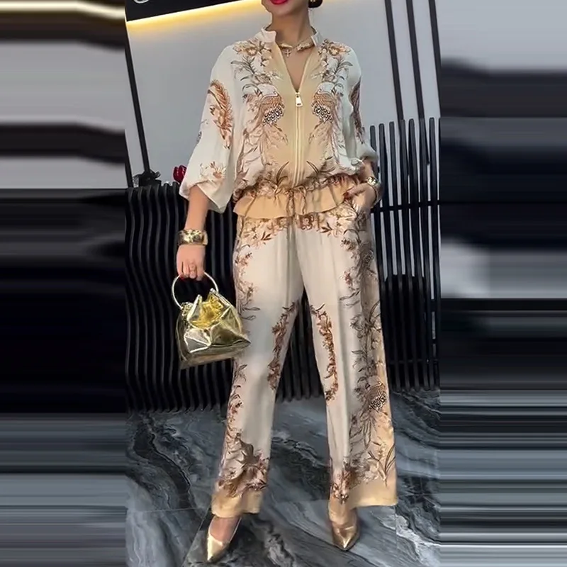 

Летняя мода с принтом, женский комплект из 2 предметов, бейсбольная форма с цветочной молнией, брюки на шнурке, наряд из двух предметов, элегантный офисный костюм