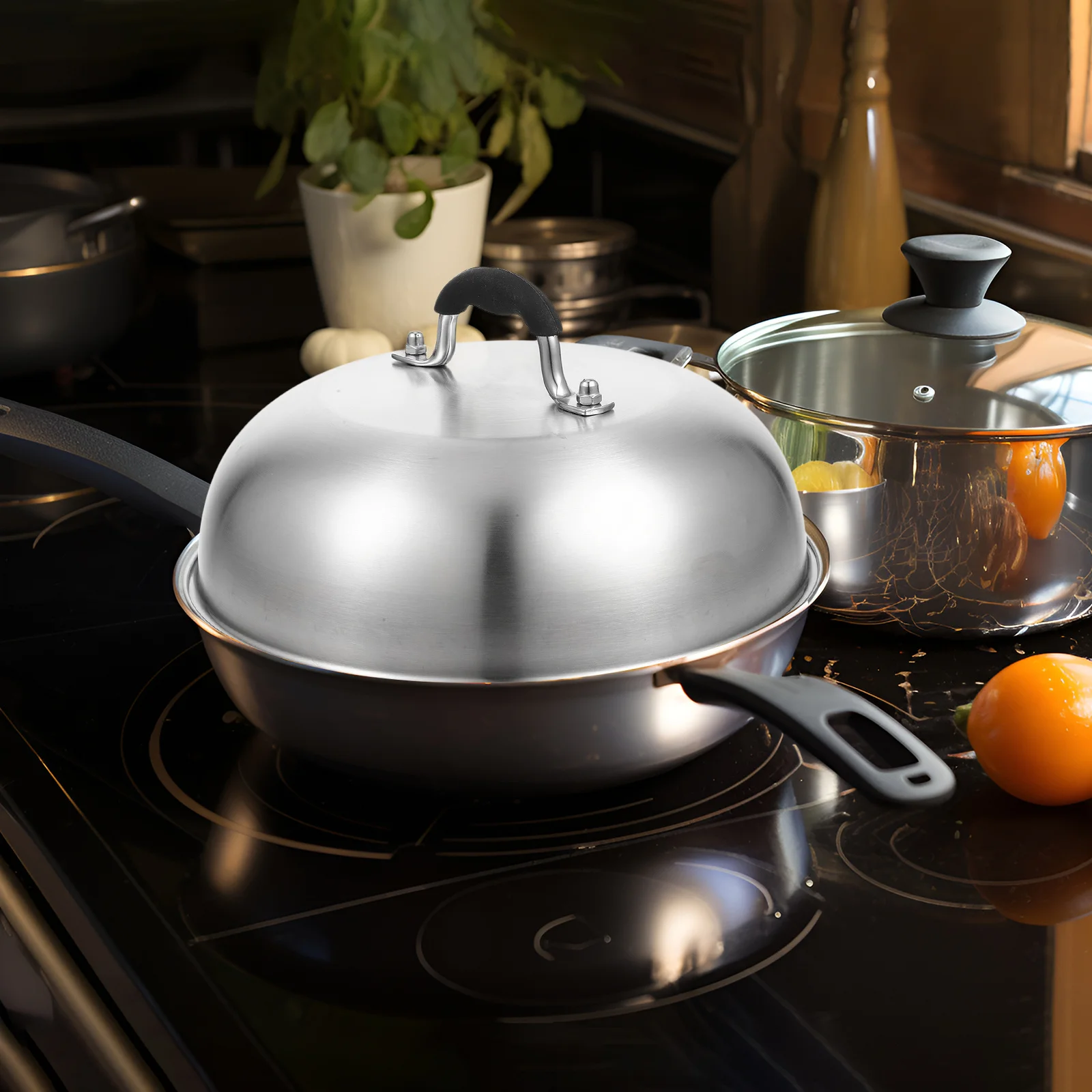 

1pc Stainless Steel Steaming Dome Cover Kitchen Pot Lid For Grilling Roasting Melting Cheese Steam Vegetables Cooking