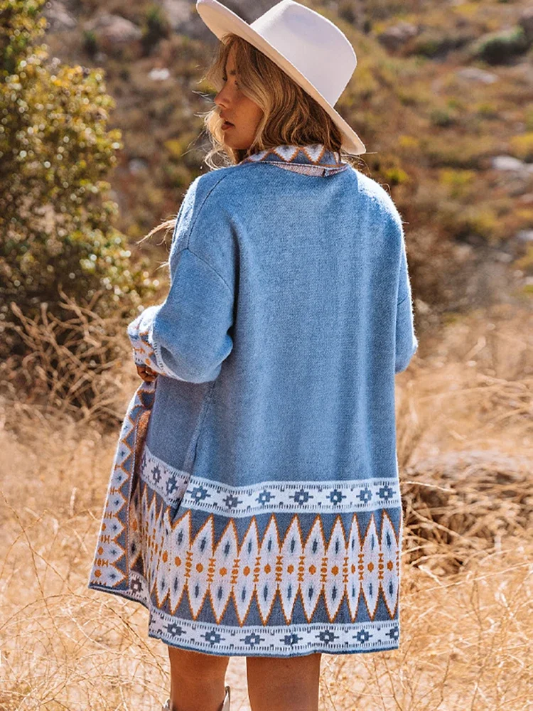 Geometry Vintage Knitted Sweater Cardigan Blue Open Front Autumn Spring Women Ethnic Boho Ladies Long Jumper Sweaters