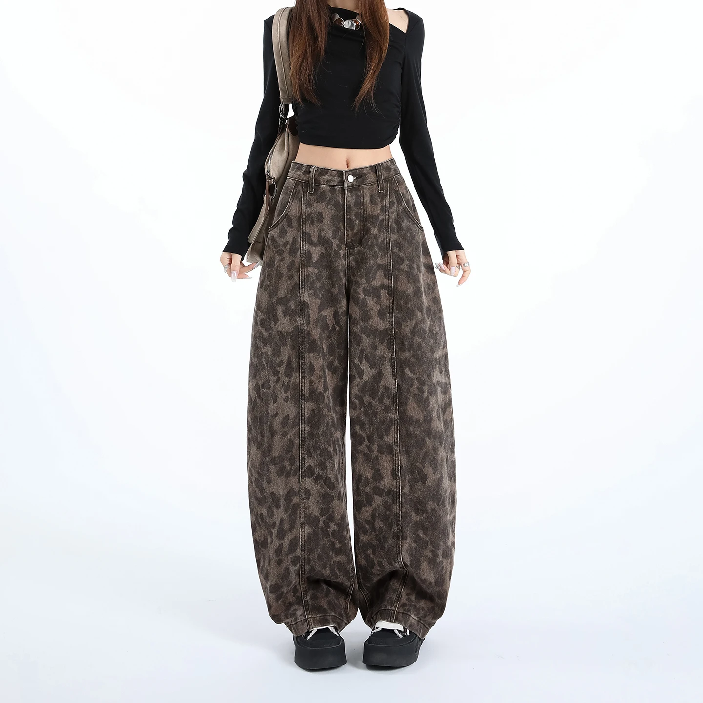 

High Quality Women's Jeans Cotton American Retro Leopard Print Curved Waist High Waist Loose Vintage Floor length Trouser Female