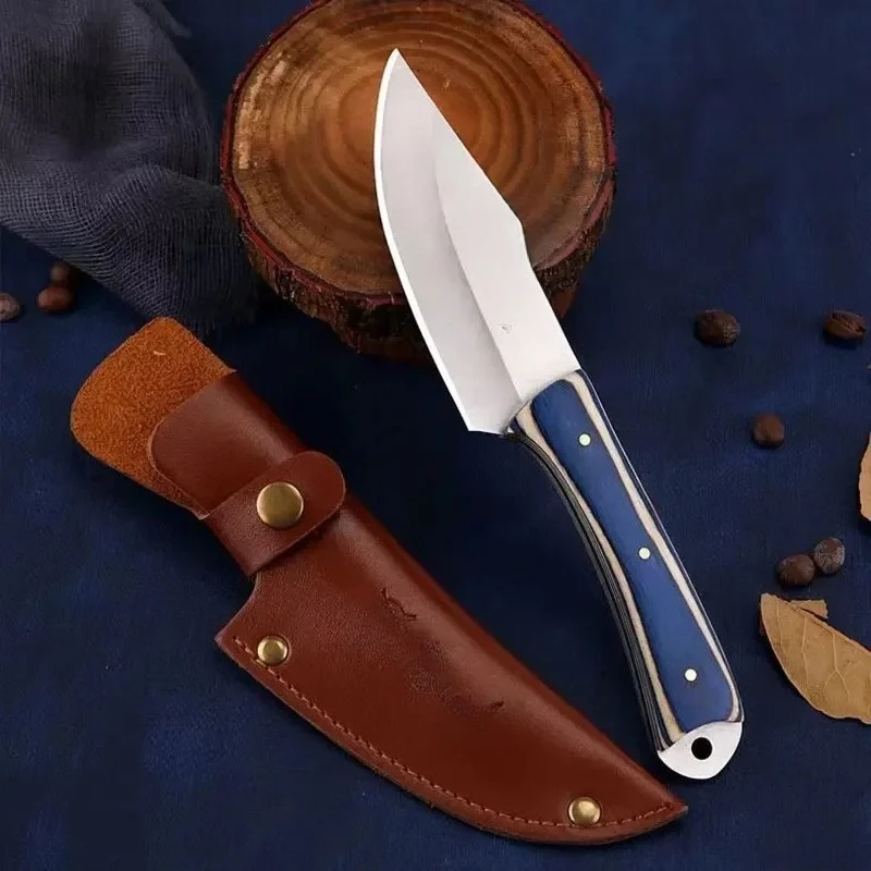 

New type of outdoor knife Survival sheathed EDC tool; Stainless steel colored wooden handle special knife