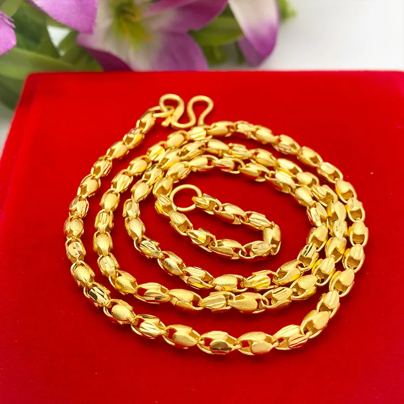 Luxury 24K 9999 Pure Gold real gold Men's Rough Necklace 55cm Sandblasted Handmade Chain