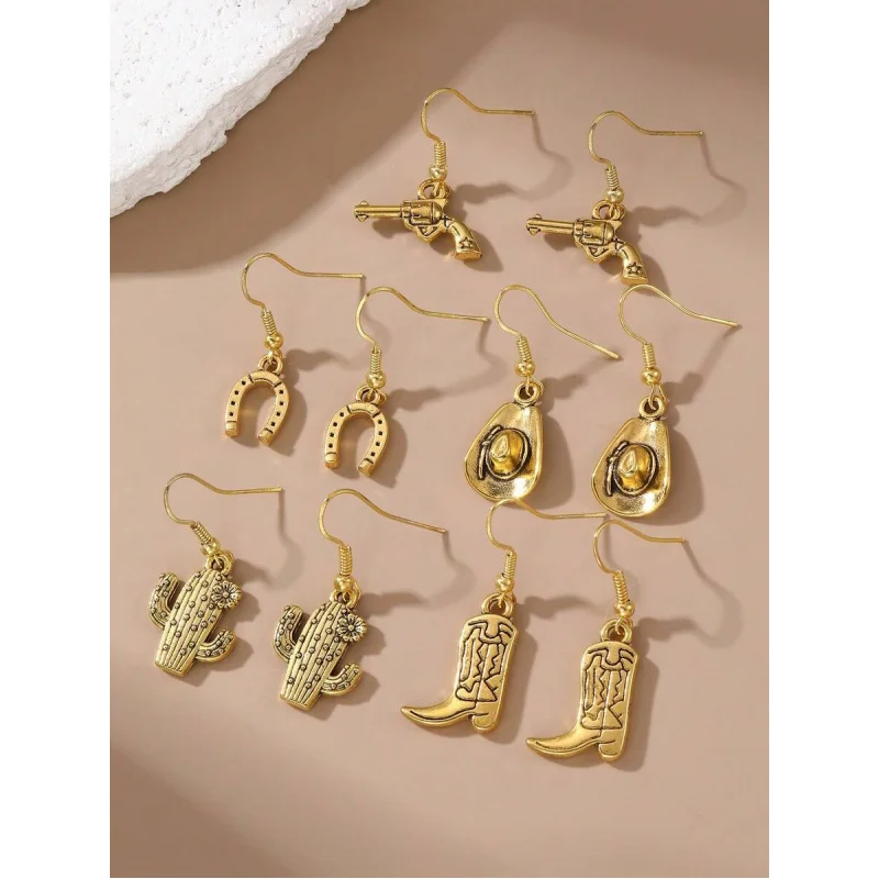 10pcs/Set Fashionable Metal Western Cowboy Style Earring Set, Hat & Boot Elements
