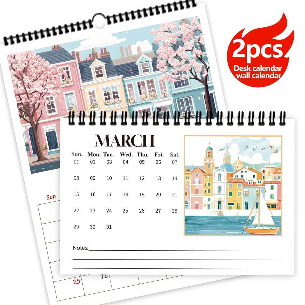 2 Stück/1 Satz 2026 handgezeichneter Reisetagebuch-Themen-Schreibtischkalender und Wandkalender, 12 einzigartige Designs, Geburtstag, Weihnachten, Neujahr, Geschenk