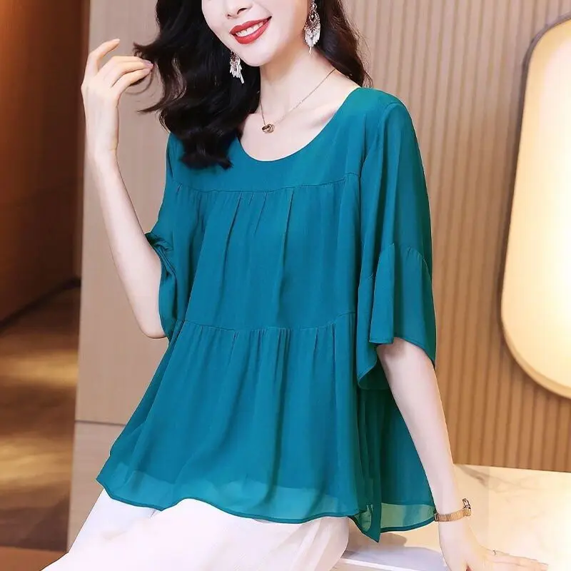 Summer New Chiffon Loose Shirt Tops Round Neck Short Sleeve Solid Color Blouse Casual Fashion Women Clothing