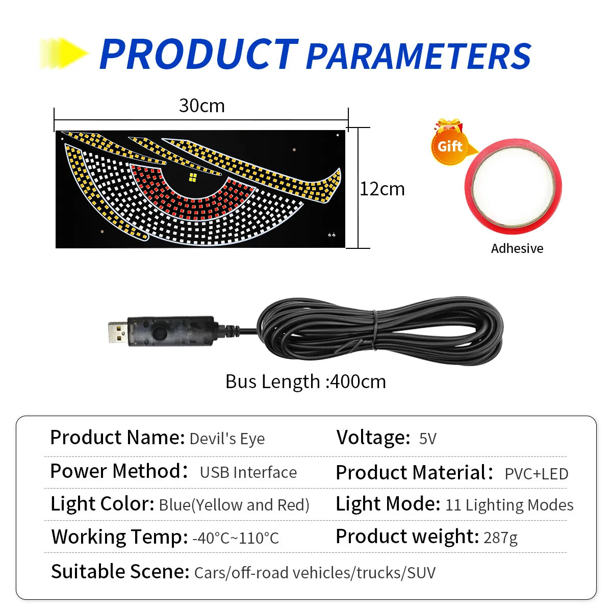 Truck Devil's Eye Light RGB Dynamic Demon Eye Decorative Light Led Display Decor Pixel Panel Windshield USB 5V Multi-Mode Lamp