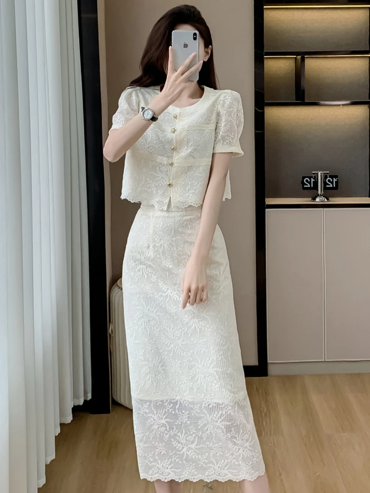 

New French Lace Two Piece Set Summer Puff Sleeve Flower Embroidery Top Women's High Waist Long Skirt Suit Office Outfits