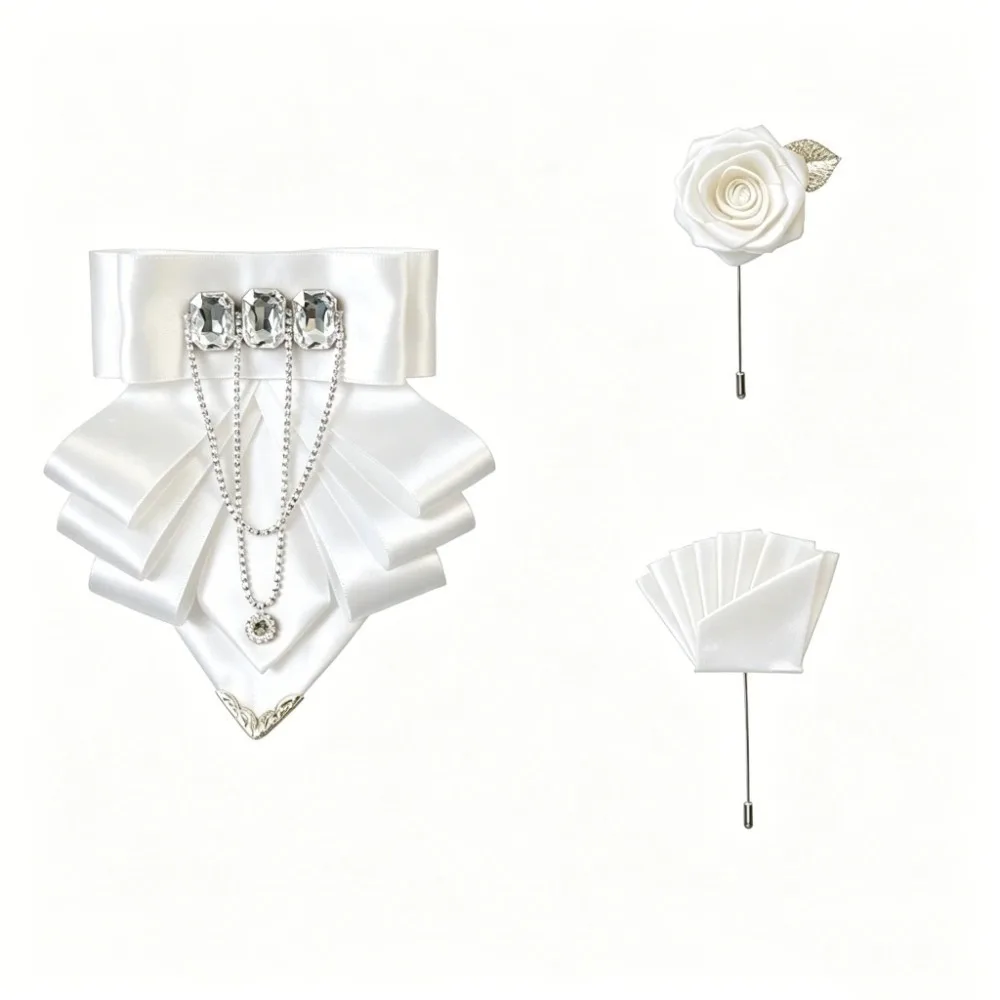 Ensemble de 3 pièces : Broche nœud papillon à pompons, Ensemble de pochettes de costume à strass pour col imposant, Accessoires de mariage de luxe en polyester