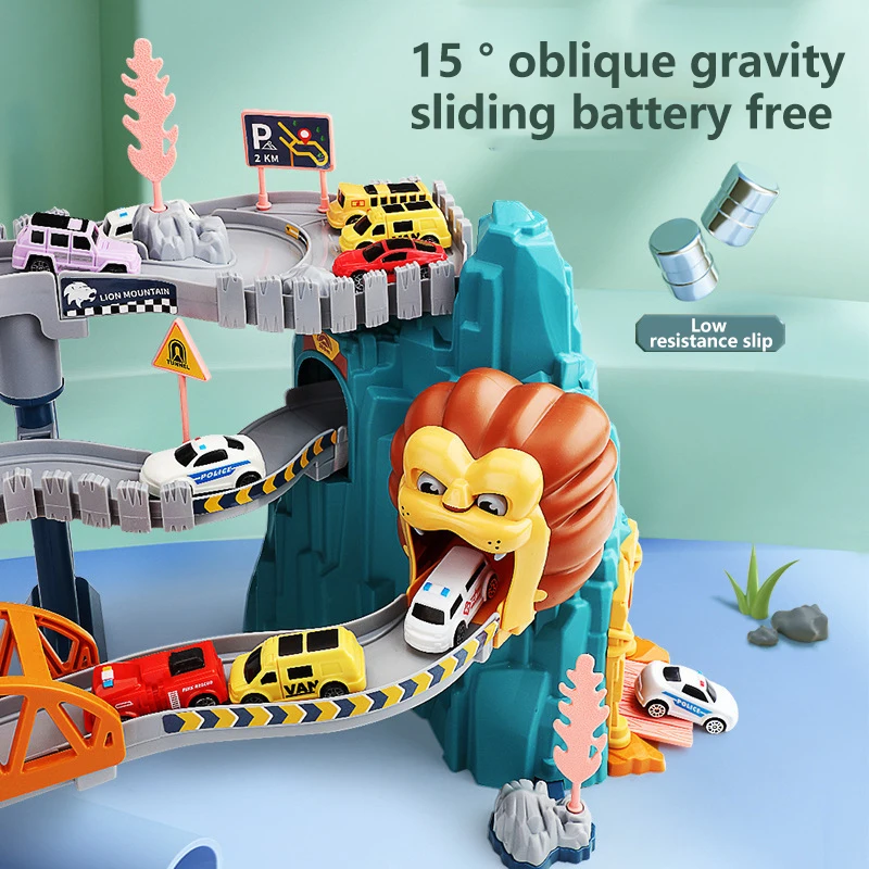 Pista per auto a tema leone per bambini Fonde sotto pressione Regali di festa Compleanno Hot Wheels Giocattoli da corsa educativi per bambini Macchinine da corsa