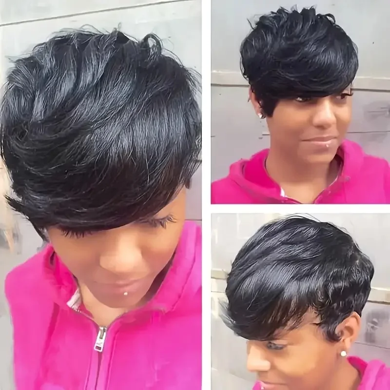 여성용 앞머리가 있는 직선 짧은 픽시 컷 가발 인모 가발 전체 기계 제작 가발