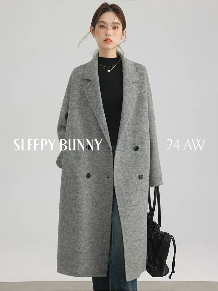 Retro Style Lapel Wool Coat Women Winter Long Loose Fit Double-Sided Overcoat 2024 Casual Drop Shoulder Elegant Warm Outerwear