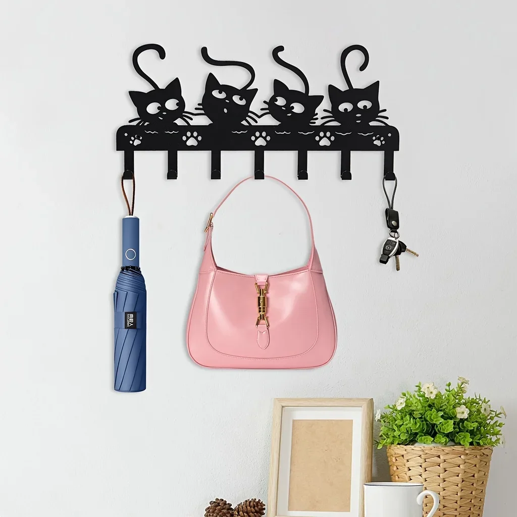 HelloYoung Black Cats Wall Hooks Key Holder Cats Decorative Hooks Rack Hangers Iron Hook Wall Mounted Hooker With 7 Hooks