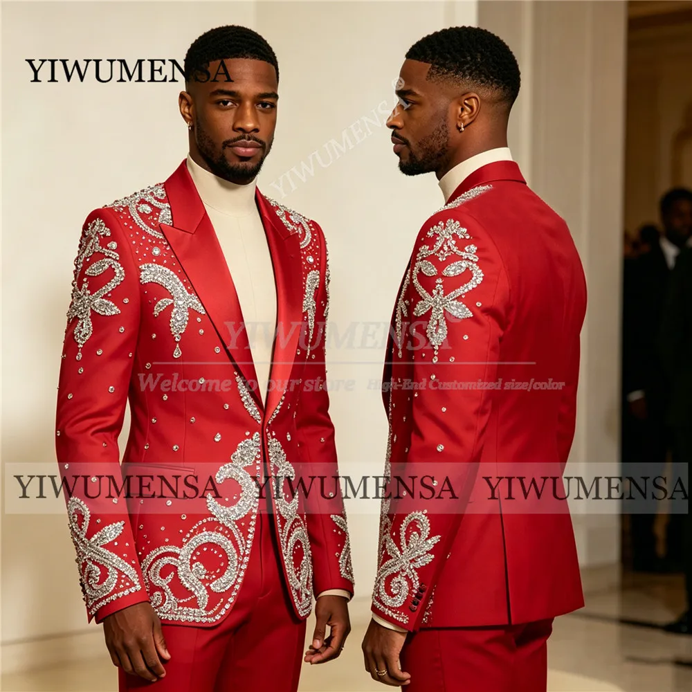 

Свадебный костюм для мужчин, 2 предмета, вечерний наряд с блестками и кристаллами, смокинг для выпускного вечера, индивидуальный пошив, пиджак, брюки, жилет, одежда для мужчин