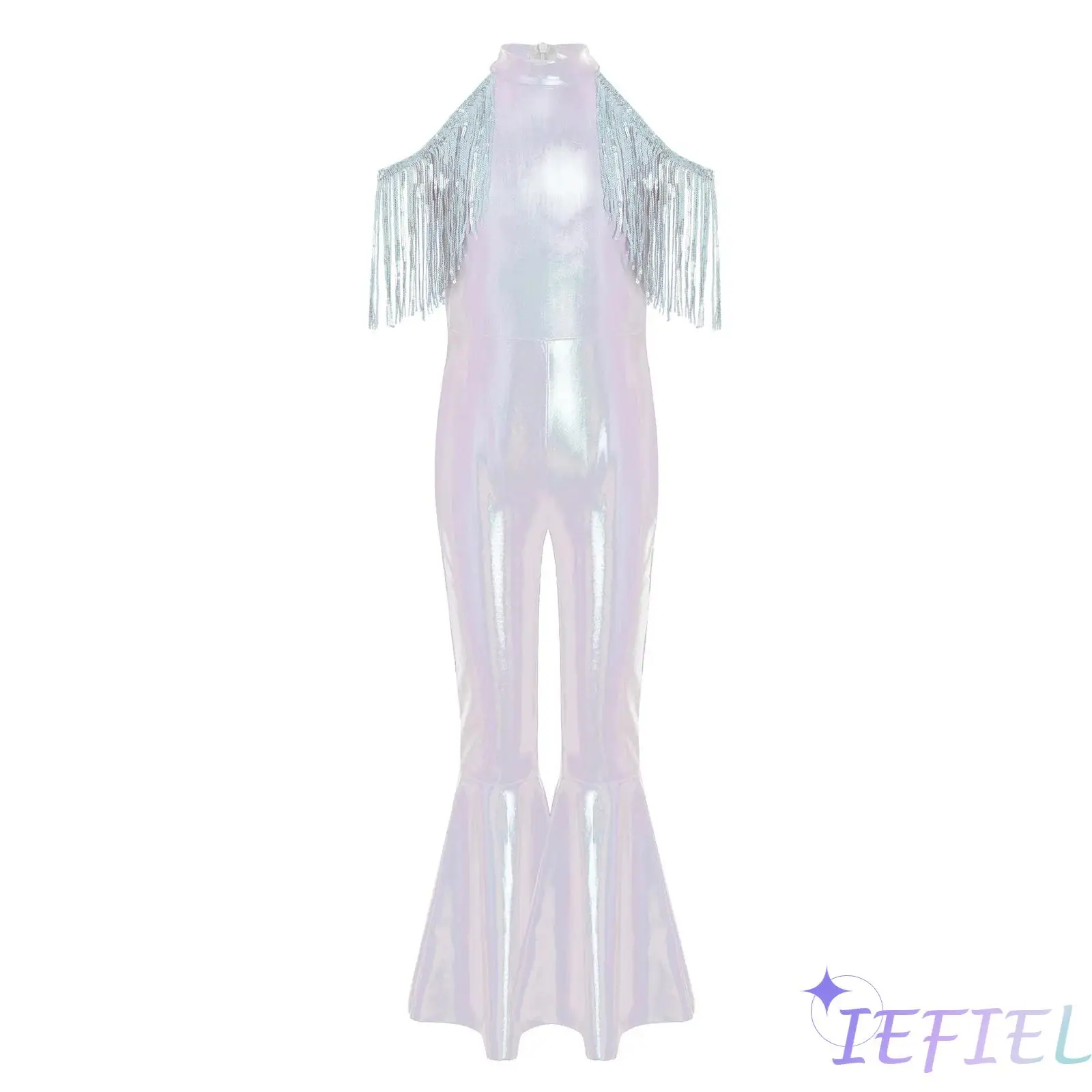 

Металлический комбинезон с пайетками для девочек, с открытыми плечами, рукавами-кисточками, блестящий, расклешенный, для джазовых и диско-танцев, вечеринок