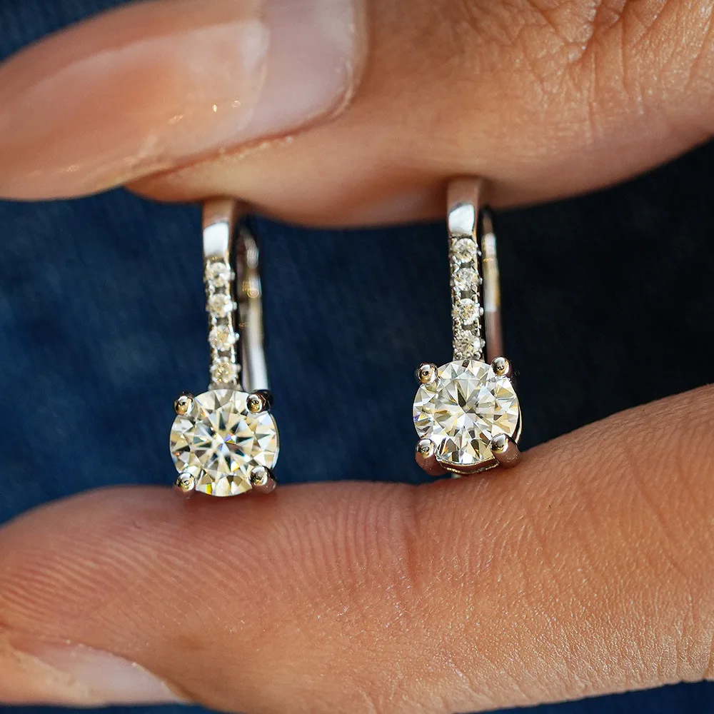 Lumira PT950 Platinum Solitaire Halo Moissanite Huggie Earrings, Four Prong Hoop Earrings Bridal Fine Jewelry Gift for Women