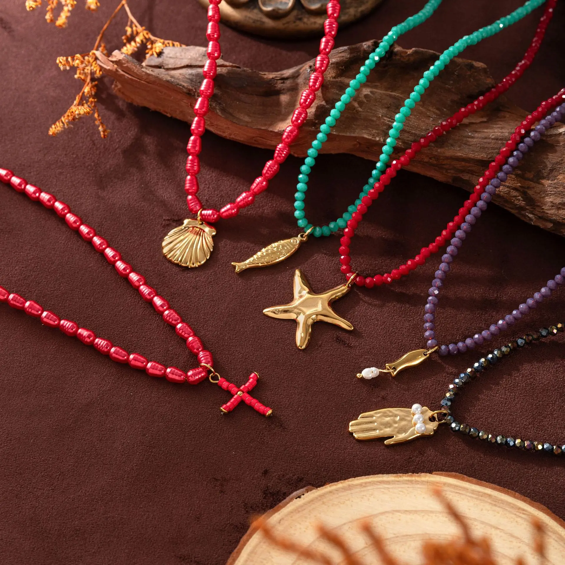 New Trendy Summer Stainless Steel Fashionable Ocean Fish Starfish Shell Beaded Necklace for Women Beach Sea Jewelry