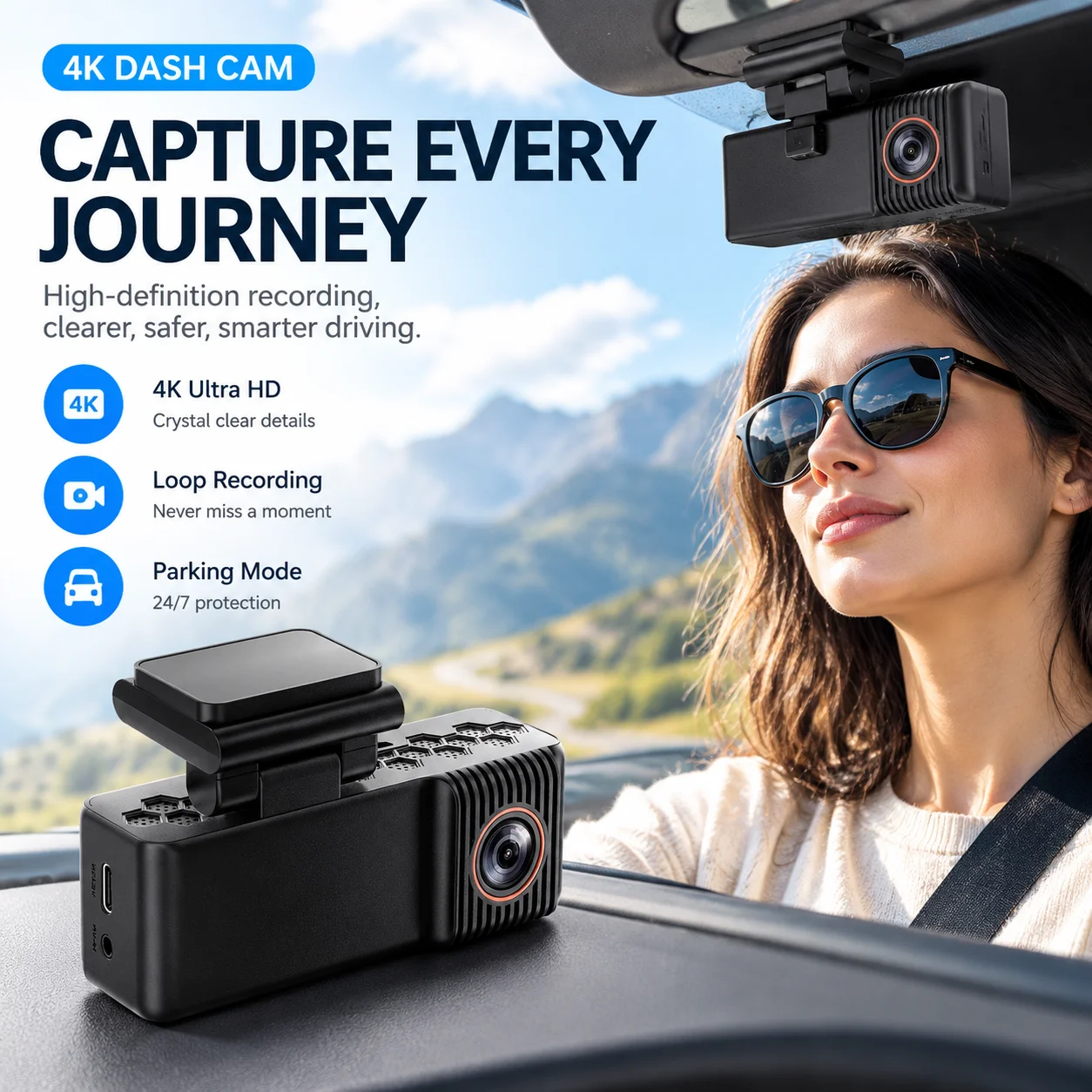 4K Dash Cam with Parking Monitoring, Night Vision, Smart Voice Control, 24-Hour Automatic DVR, Mini and Easy to Install