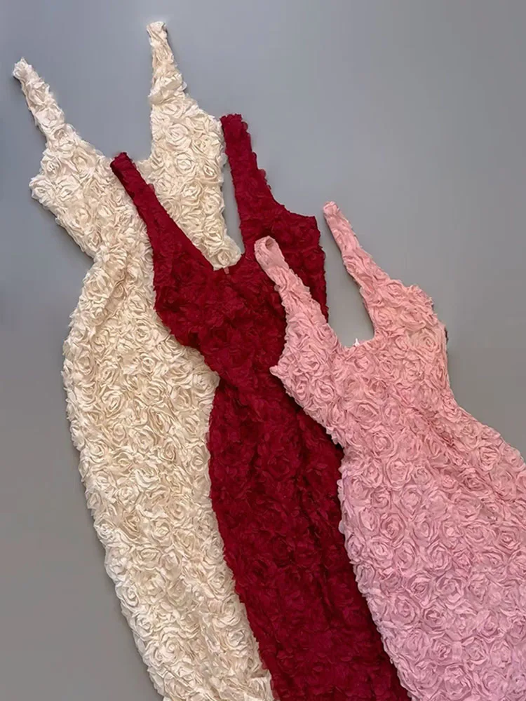 Social socialite vest style V-neck dress sweet and spicy style private dress 3D three-dimensional flower solid color dress