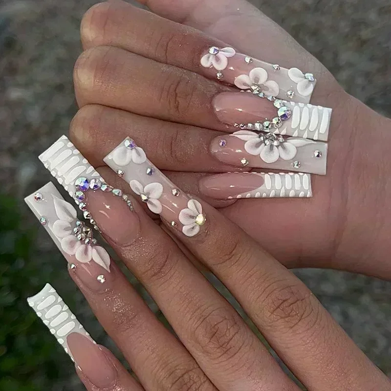 24Pcs Long Ballerina False Nails Press on Nails Serpentine Flower with Rhinestones French Fake Nails Wearable White Nail Tips