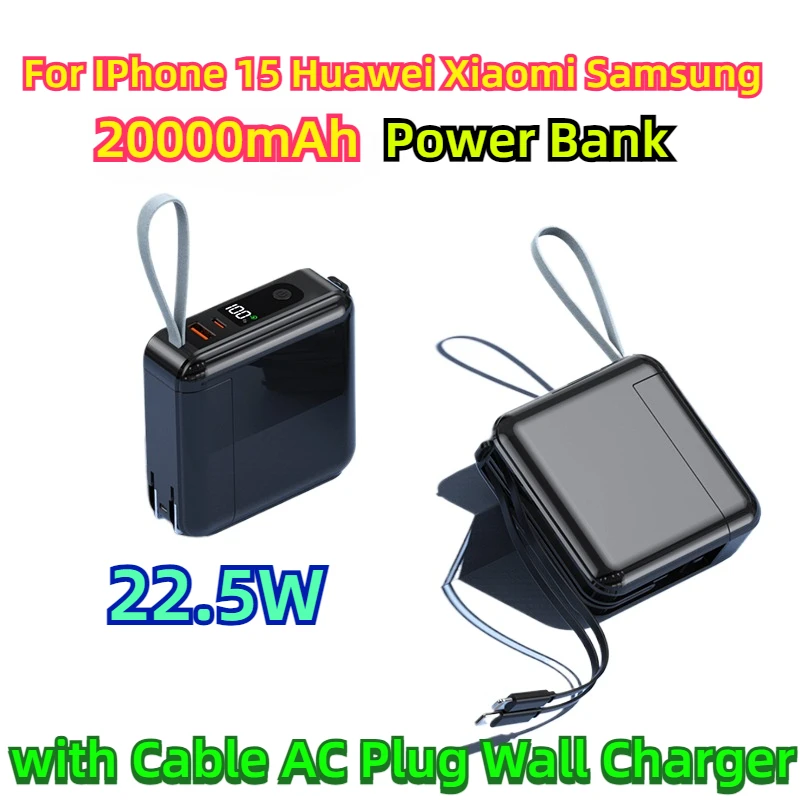 

For IPhone 15 Huawei Xiaomi Samsung Powerbank 20000mAh Power Bank 22.5W Fast Charging Powerbank with Cable AC Plug Wall Charger