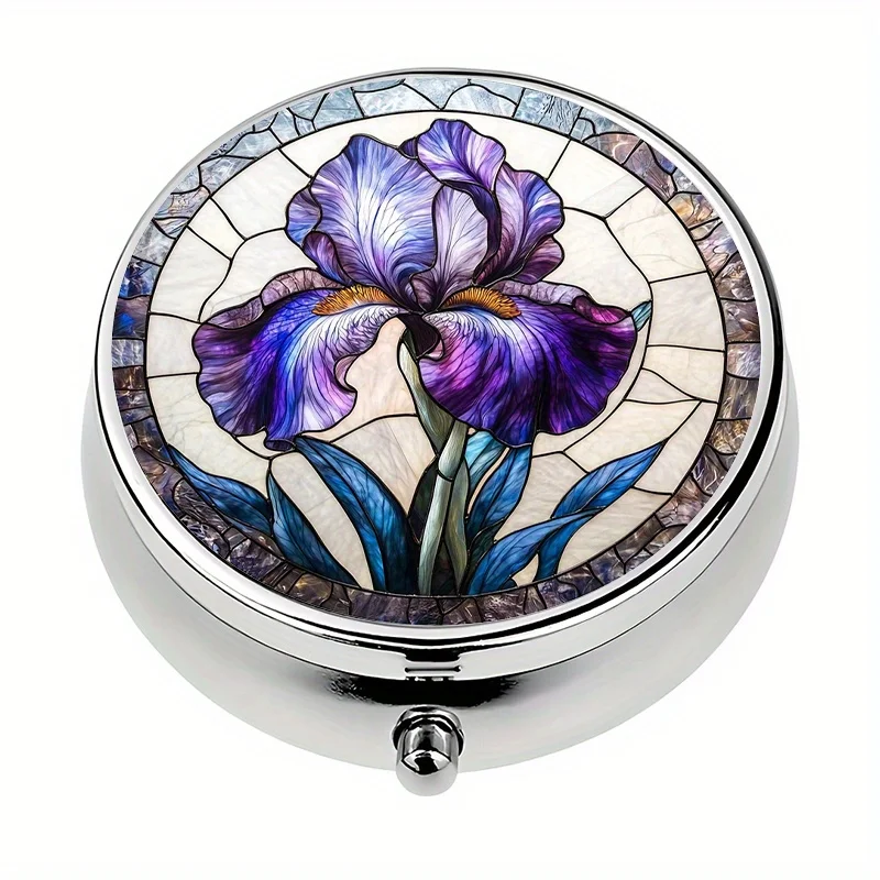 1 Pill Box with 3 Compartments, Iris Flower Stained Glass Design, Mini Pill Box, Travel Portable or Wallet Pill Case, Decorative Vitamin Storage Box, Suitable for or Wallet Use