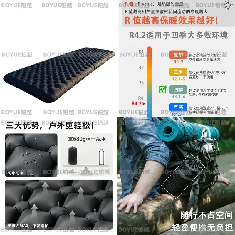 Ultra Light High R Value Portable Inflatable Sleeping Pad Quiet Comfortable Outdoor Camping Mat Thickened Wide Self Inflating