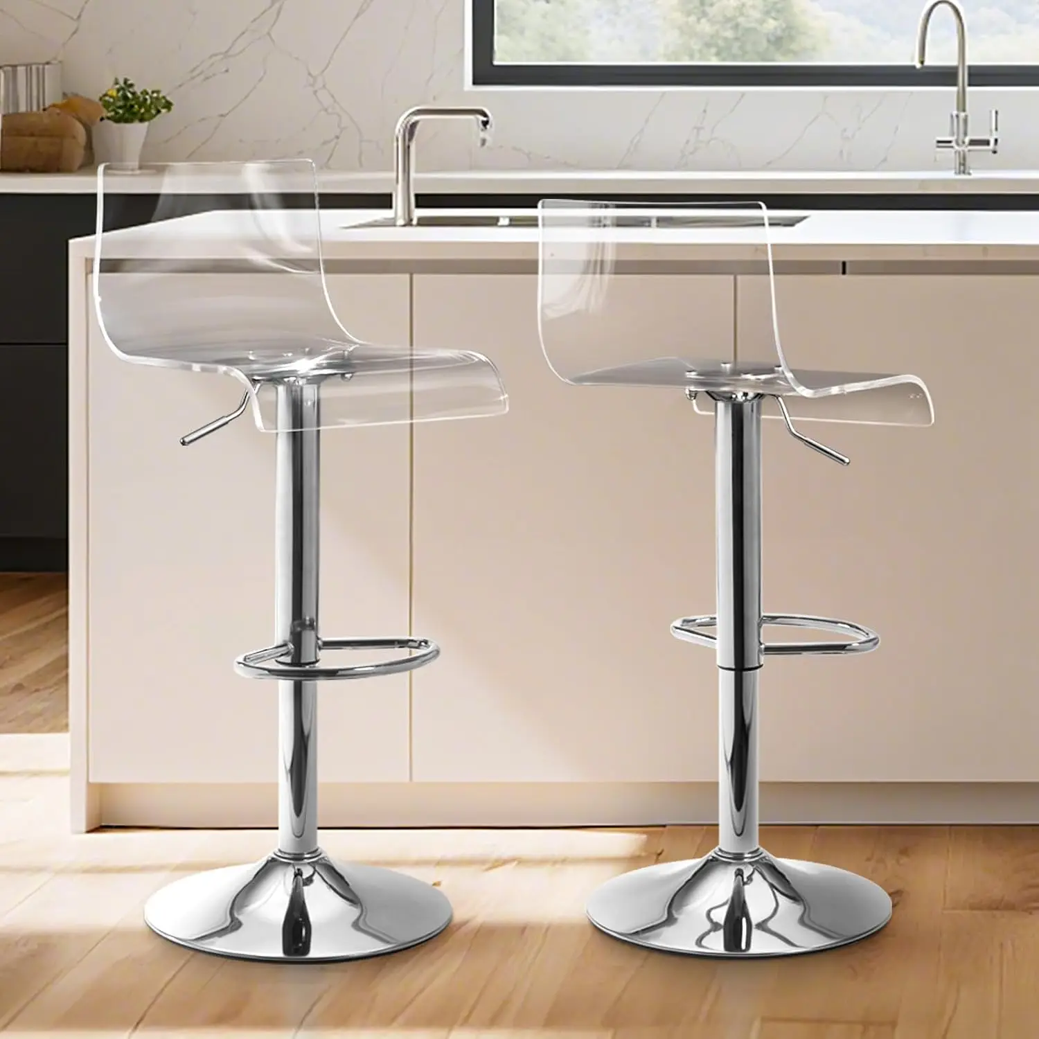 Acrylic Swivel Bar Stools 2pcs, Transparent Adjustable Height Modern Bar Chairs For Kitchen & Dining Room, Silver, Customized