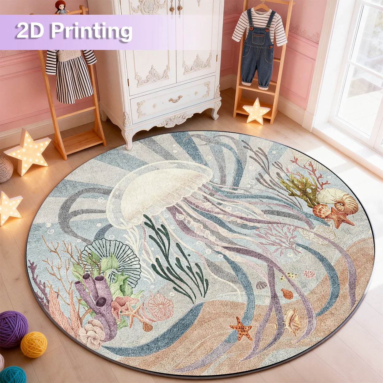 Festive Sea World Motif Round Rug Decorative Non Slip Door Mat Versatile Accent For Gym Dance Studio Lounge Area