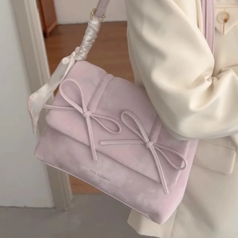 MBTI Pink Womens Shoulder Bag 2024 Fashion Pleated Elegant Casual Bow Tote Bag Scarves Large Capacity Exquisite Female Handbag