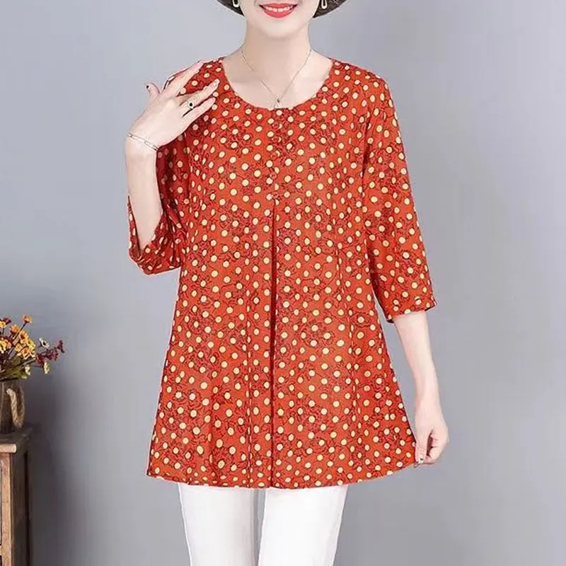 2023 Casual Vintage Polka Dot Half Sleeve T-shirt Fashion Round Neck Tops Button Summer Loose Female Clothing Commute Pullovers