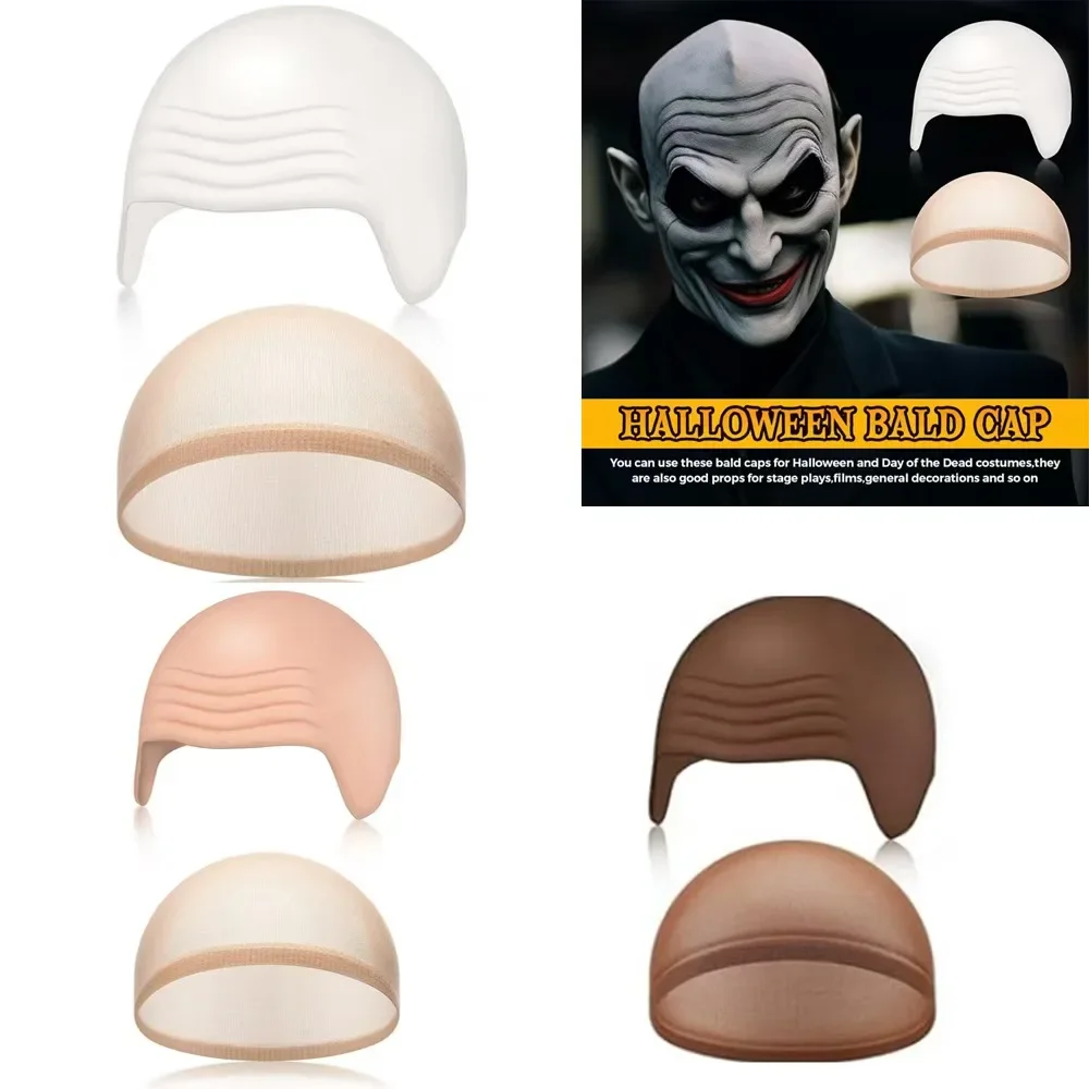 Glatze Outfit Cosplay Zubehör Set mit Latex Glatze Hut und Nylon Perückenkappe für Halloween Weihnachten Karneval Aprilscherz Party
