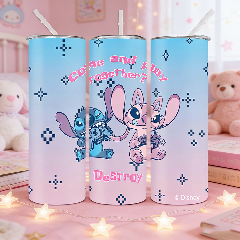 Vaso de acero inoxidable con aislamiento de 20 oz con estampado de Stitch y Angel de Disney, taza de viaje con pajita para café, té y uso diario, 1 unidad