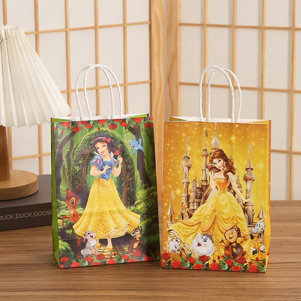 Disney Princess Theme Kraft Paper Bag With Handles Belle Snow White Gift Bags For Kids Guests Girl Birthday Party Decor Supplies