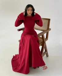 Red Long Sleeves Prom Dress Pleat Ruffles O-Neck A-line Formal Evening Dress Gala Occasion Gown Saudi Arabia For Special Events