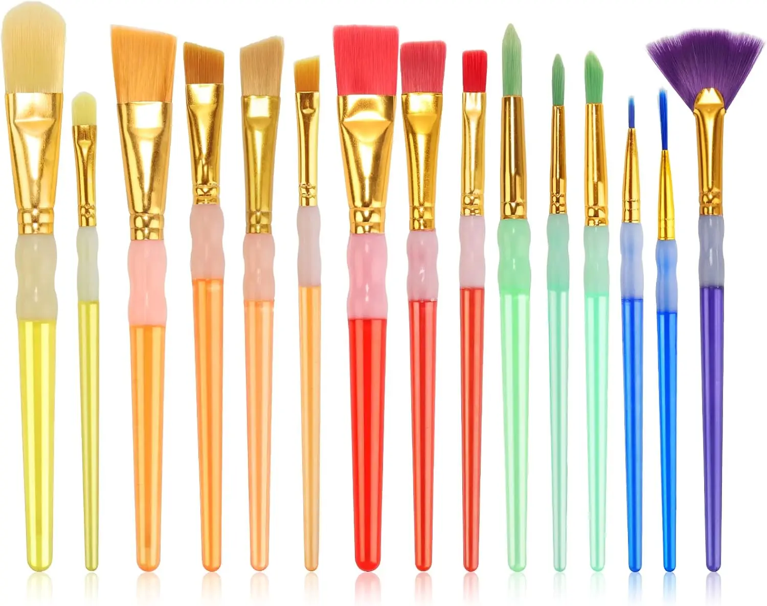 15Pcs Paint Brushes Value Pack, includes 15 Different Types of Brushes, Nylon Colorful Hair with Silicone Crystal Penholder, Pre