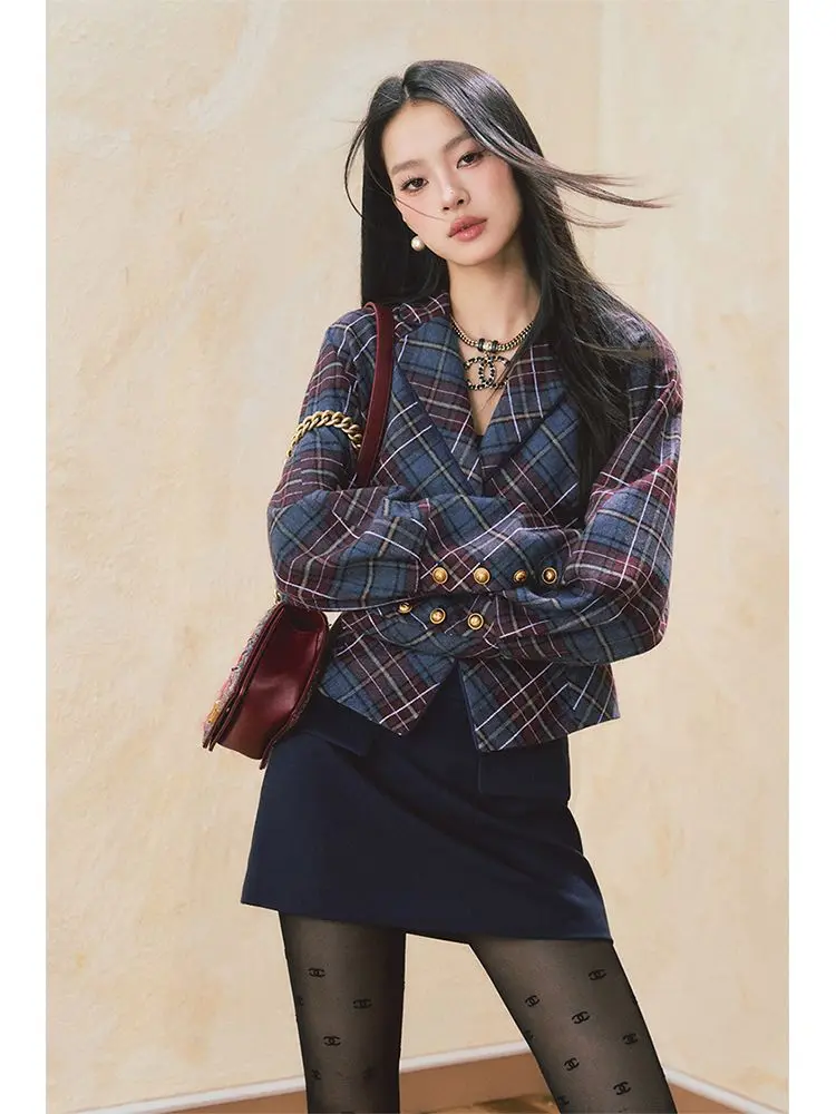 STSVZORR 2023 Autumn New Women's Clothing Commuter Style Waist Closing Fit Bat Sleeved Long Sleeve Retro Plaid Suit Coat Top