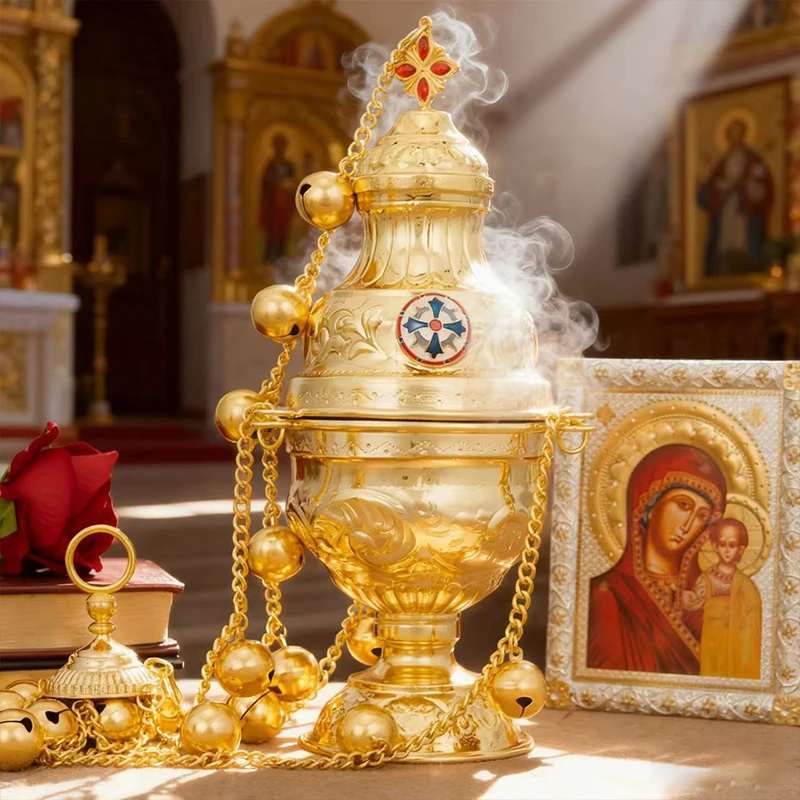 Neuer orthodoxer Weihrauchbrenner mit Kette und Glocken aus vergoldeter Zinklegierung, für Kirchenzeremonien, mit traditionellem Design, Geschenk. – Detail 6