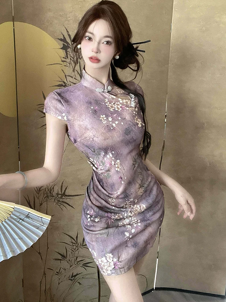 Women Purple Acetate Floral Chic Cheongsam Dress Summer Short Sleeve Bodycon Party Vestidos 2024 Korean Vintage Elegant Dresses