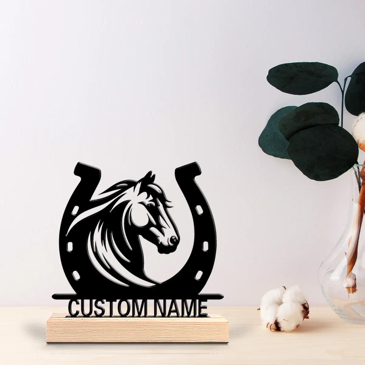 1pc Minimalist Saddle Personalized Letter Metal Statue Art Figurine With Wood Base Tin Ornament With Wood BaseFor Home Decor